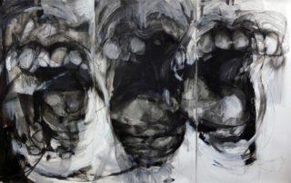 Lisa Bryson, Inaudible Scream, mixed media, three panels, 77.5 x 42 in. each panel