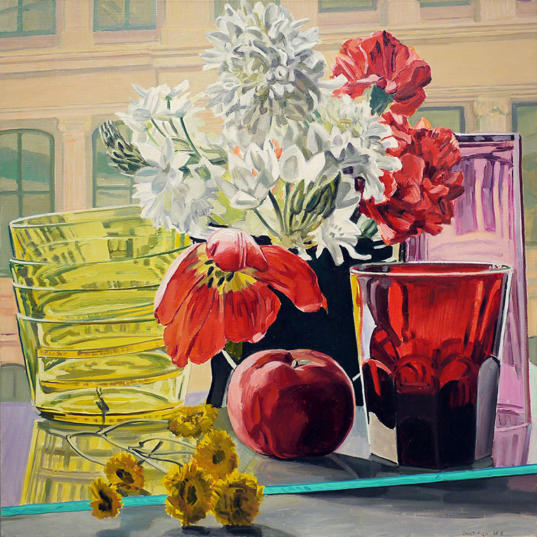 Janet Fish, Tulip, Apple and Glass, 1980, Oil on canvas, 38 x 38 in.