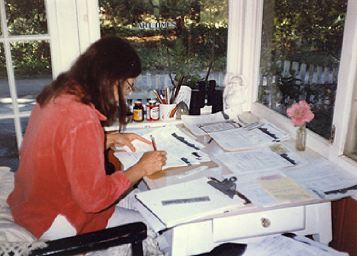 Cornelia working on the first issue of ART TIMES, July 1984