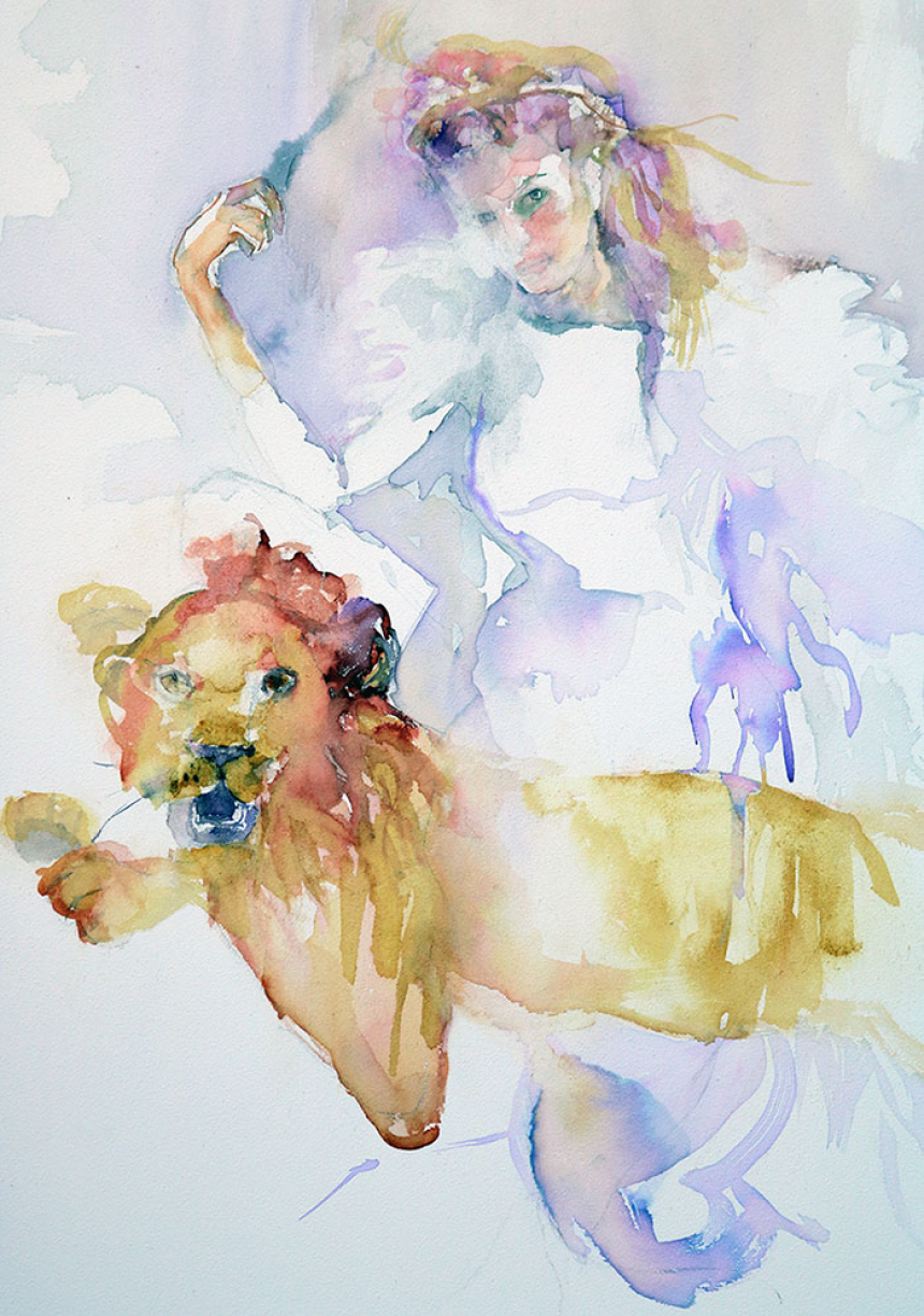 an ethereal woman tames an inky, drippy lion