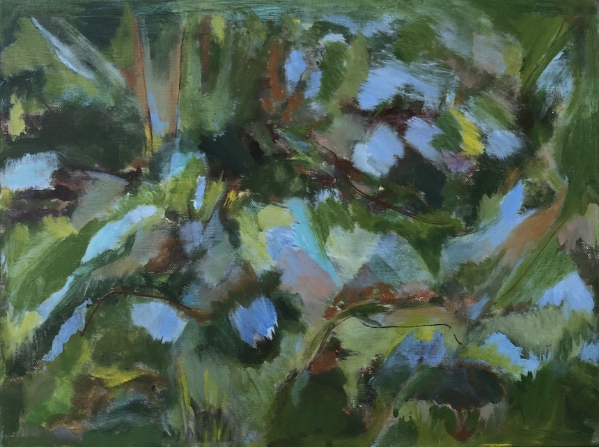 blue, green and brown swaths of color on a canvas