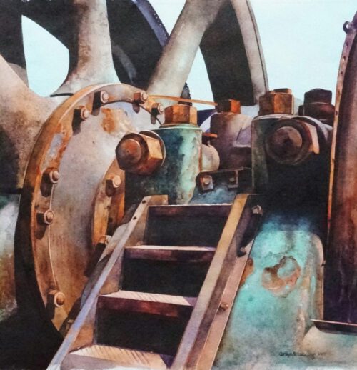 four stairs lead to rusted machinery