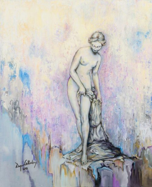 a nude greek statuesque woman poses with a shroud by her leg in front of a pastel background