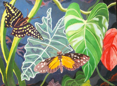 three leaves of different species; two butterflies rest on them