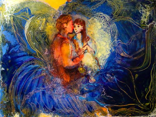 two people, a man and a woman share a tender moment. the background is yellow and blue