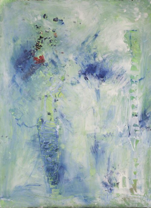 a soft abstract painting done in hues of white, blue, light blue green, and a spot of red