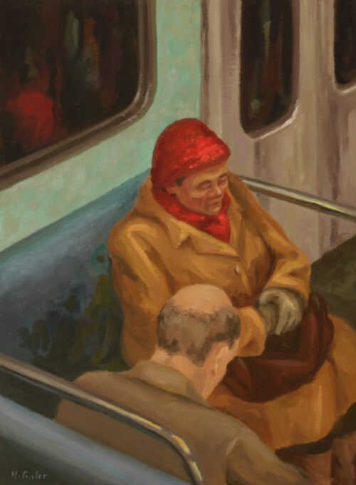 a woman in a tan coat and orange headcovering sits down on a subaycar in front of a window. a man sits across from her, but only the back of his balding head is visible