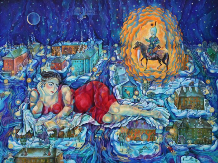 a woman lies on her side in a red dress. blue buildings and roads surround her, and in the upper right corner a person on a horse is shrouded in light