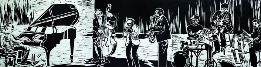 a black and white scene of many musicians