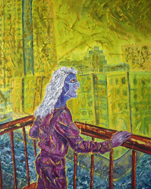 a woman with purple skin wears a mask and looks out onto yellow buildings from her balcony