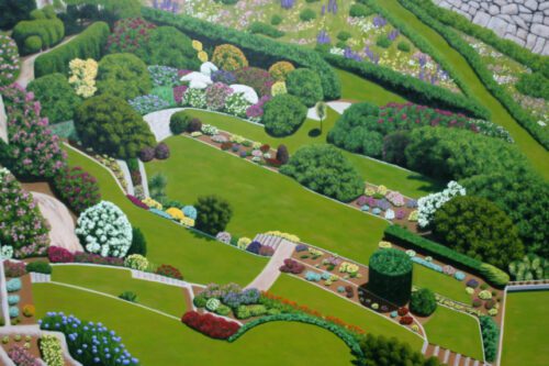 a terraced garden scene with hedges, bushes, and a large expansive lawn.