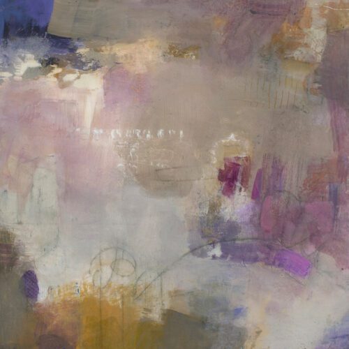 an abstract painting comprised of wide swaths of color (purple, mustard, and grey)