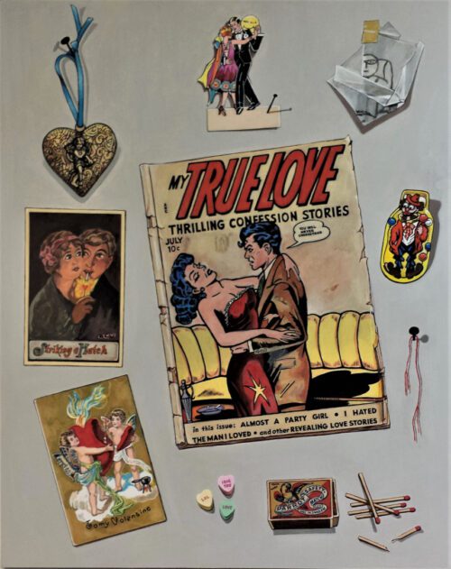 a painting of a comic book cover, some trading cards, a necklace with a heart shaped charm and heart shaped candy, as well as other unidentifiable ephemera