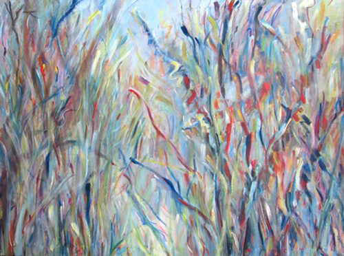multicolored brushstrokes in branch like formations against a blue background