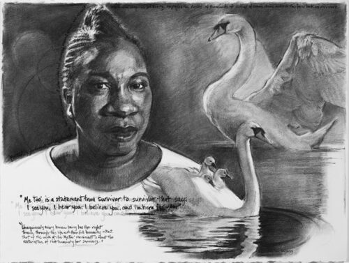 a portrait of a n african american woman and two swans done in shades of grey