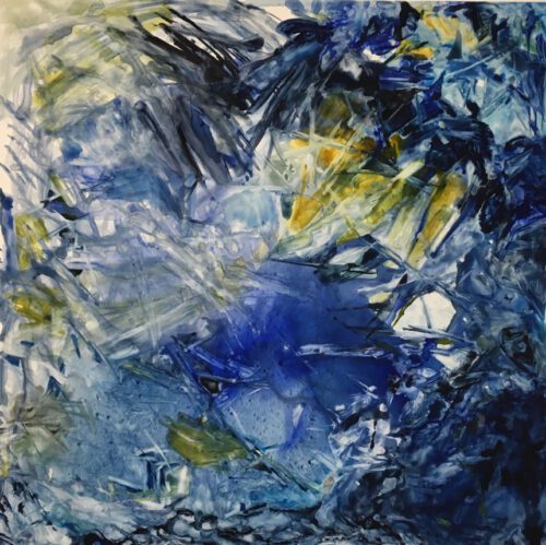 an abstract image done in blue, yellow, and green depicting a storm.