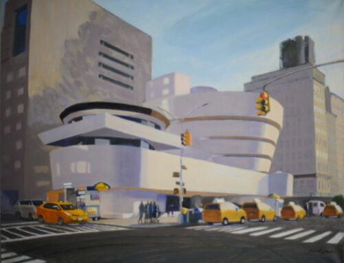 a street scene outside the guggenheim museum, which is a circular spiraling building. there is a cross walk and taxis out front