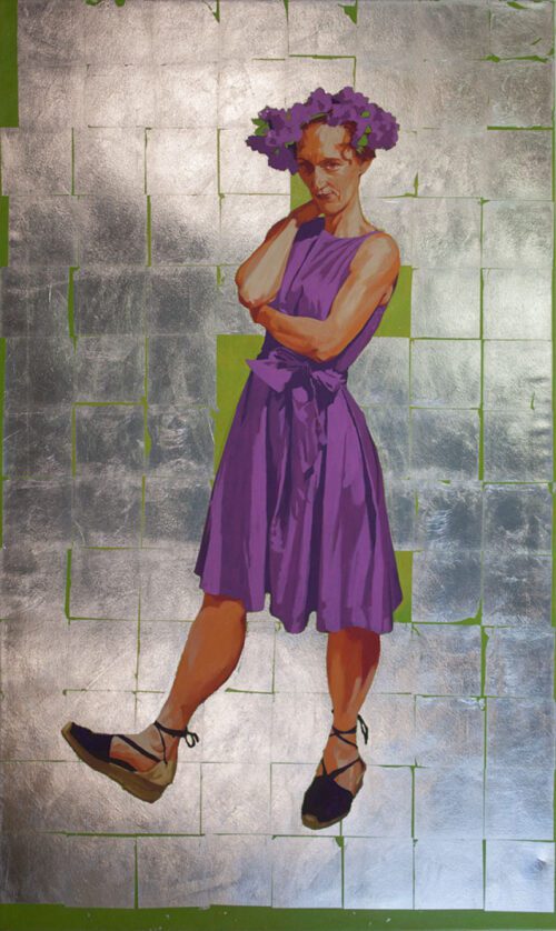 an african american woman in a purple dress with a green and silver background