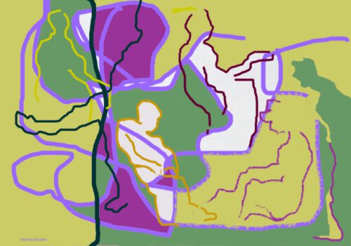 purple and green curved lines intersect across swaths of green and white color