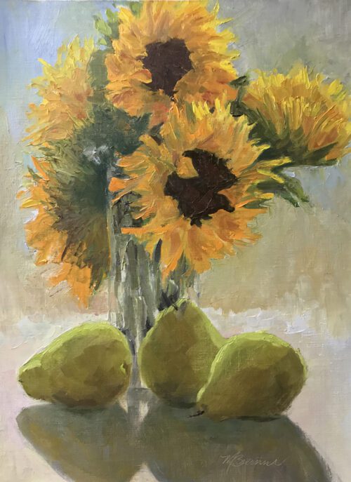 a bouquet of five sunflowers. three pears rest at the base.