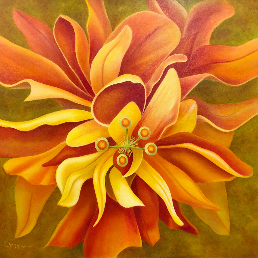 a large orange, red, and yellow flower