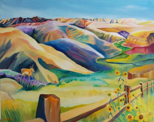 pastel rolling hills with a fence and sunflowers in the bottom right corner