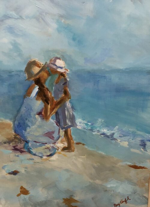 a woman and a child share an embrace at the shore
