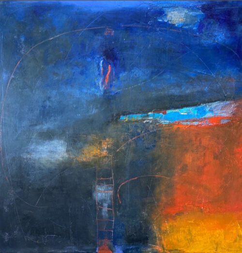 an abstract image with wide swaths of blue and a patch of orange and yellow in the bottom right corner