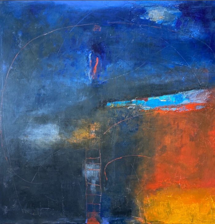 an abstract image with wide swaths of blue and a patch of orange and yellow in the bottom right corner