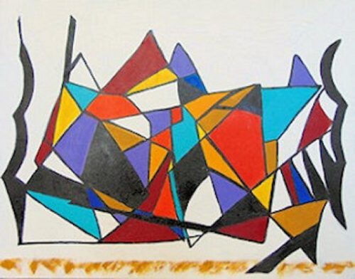 colorful geometric shapes are placed in the center of the work; a rust colored line is at the bottom