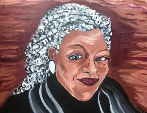 an image of toni morrion, an african american woman with white hair and a brown background