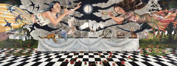 Two women float over a long dinner table that has animals on it. the table is surrounded by flowers and the floor is a checkerboard. the sky has clouds and a moon in the center.