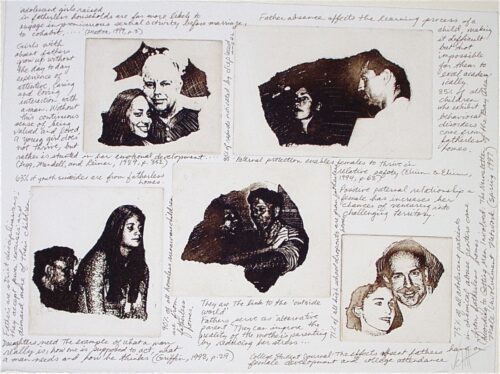 etchings of people with calligraphy text