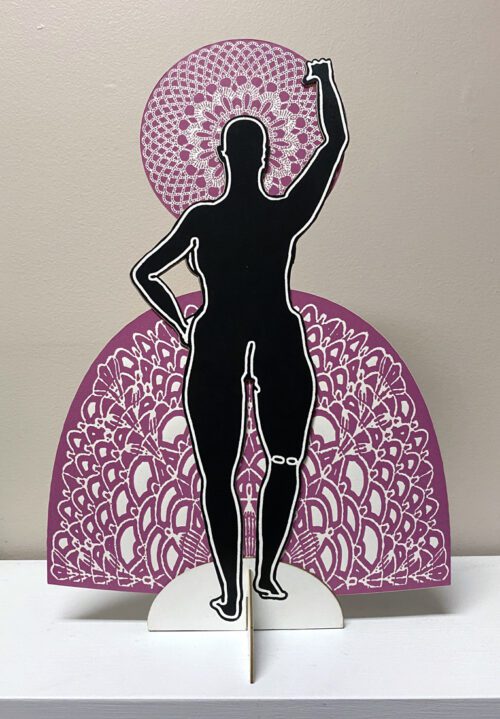 a black, cutout figure stands with an arm raised against a purple and white arched patterned background