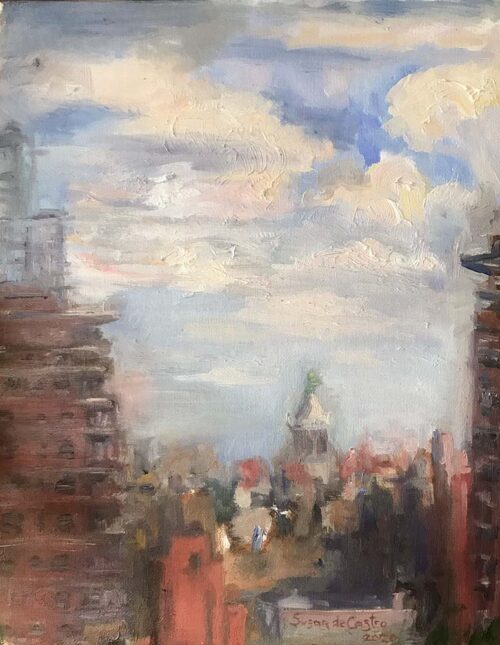 a blurry painting of building and clouds