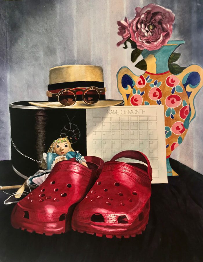crocs , hat, vase, and other objects