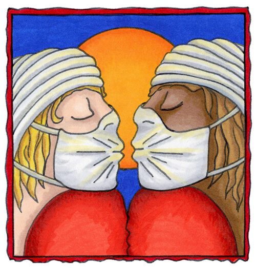 masked figures kissing