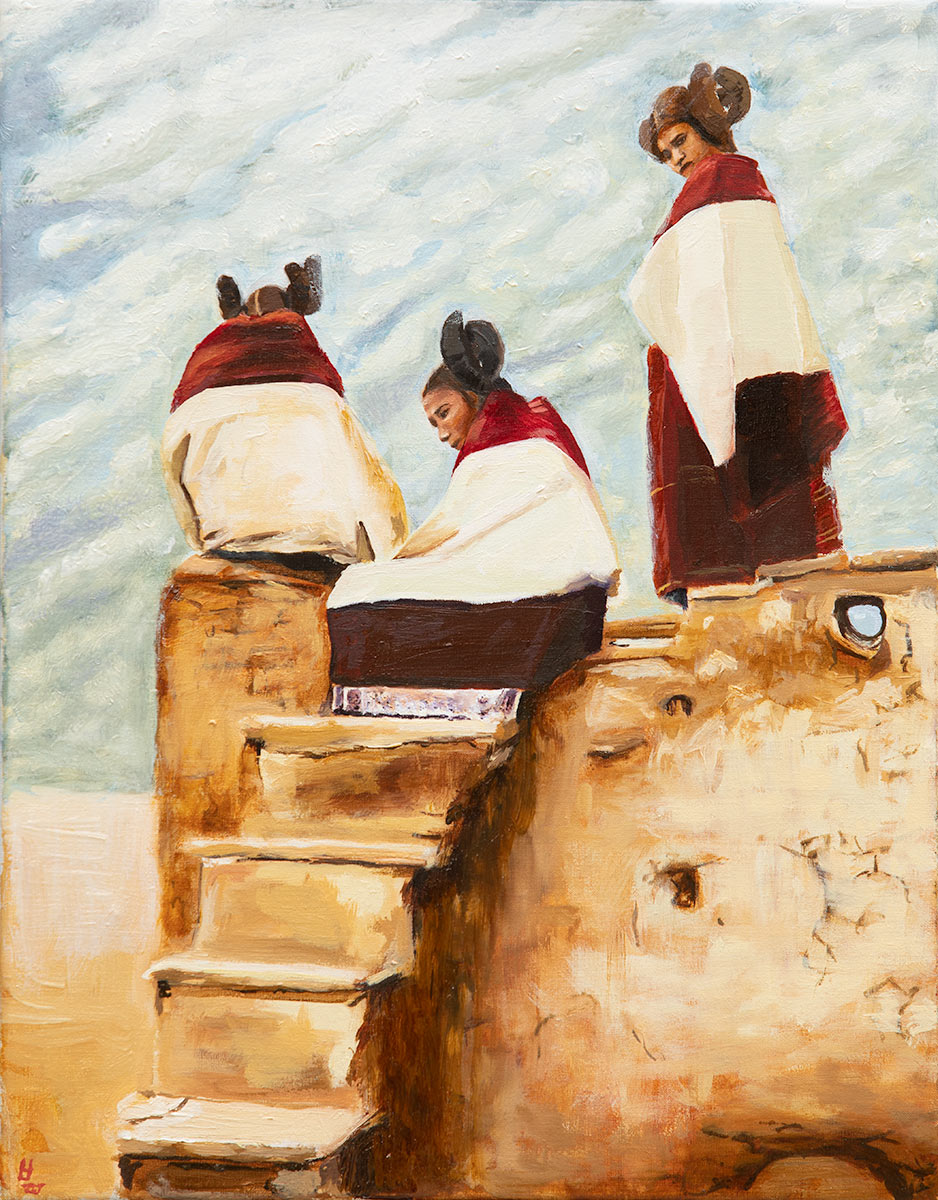 three figures against blue sky