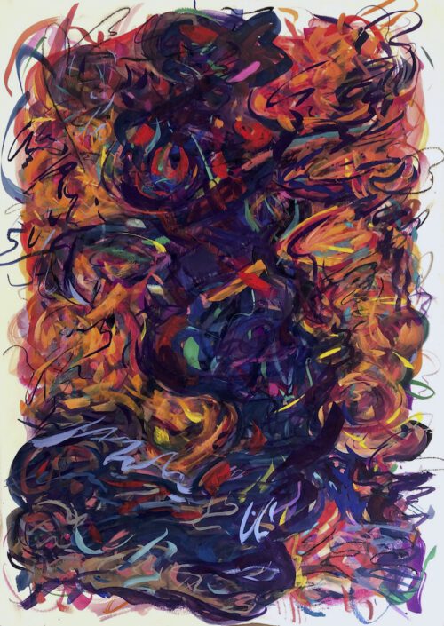 chaotic scribbles done in purple, red and orange
