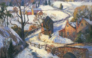 Painting of houses and barns in a snowscape