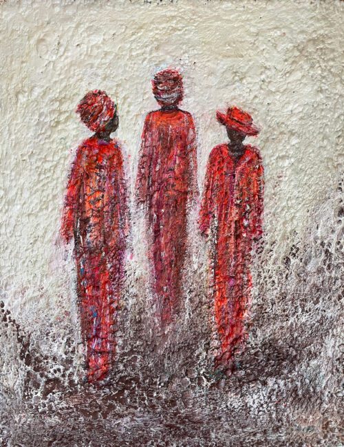 Three figures in red suits