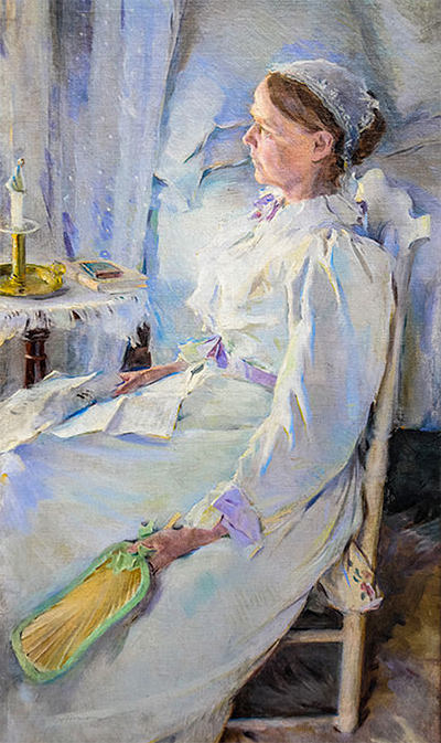 painting of new england woman sitting in chair holding fan