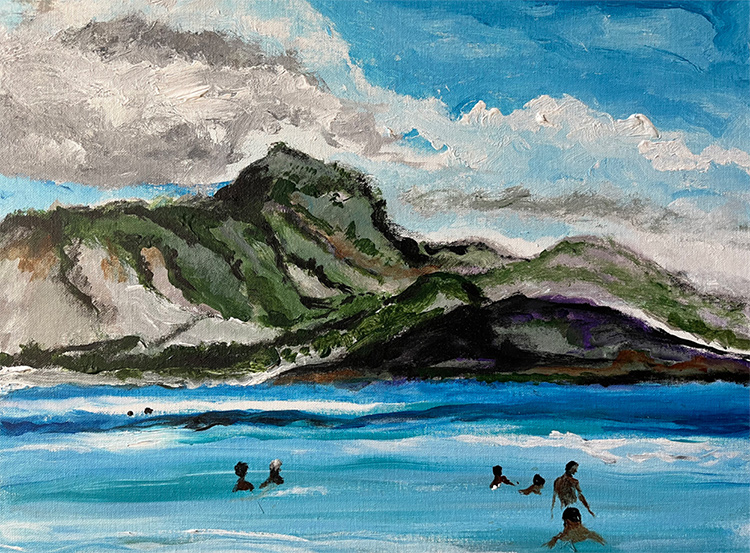 painting of bathers in ocean