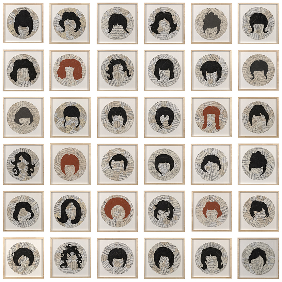 Laplante_Louise_Chorus, 2019 -2020_pastel on collaged vintage music pages_ 12 inches diameter (36 segments); 90 x 90 inches installed..