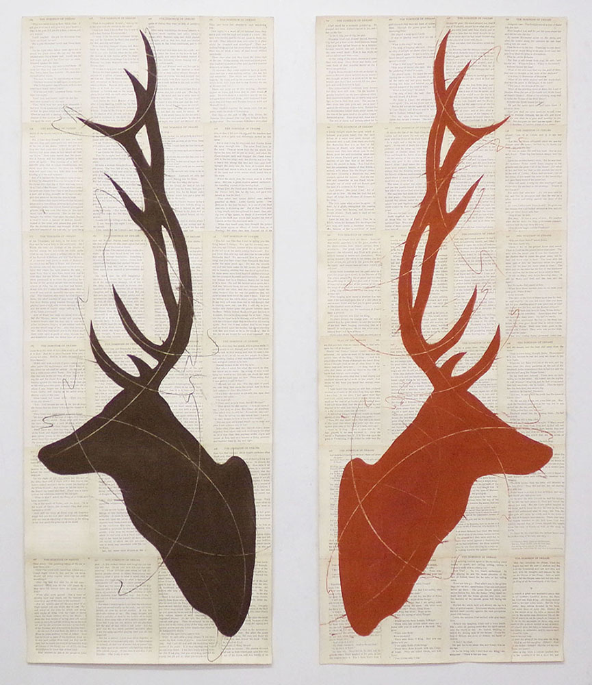 Laplante_Louise_The Dominion of Dreams_pastel on collaged vintage book pages_diptych each 40 x 16.5 inches_mixed media_4000dollars