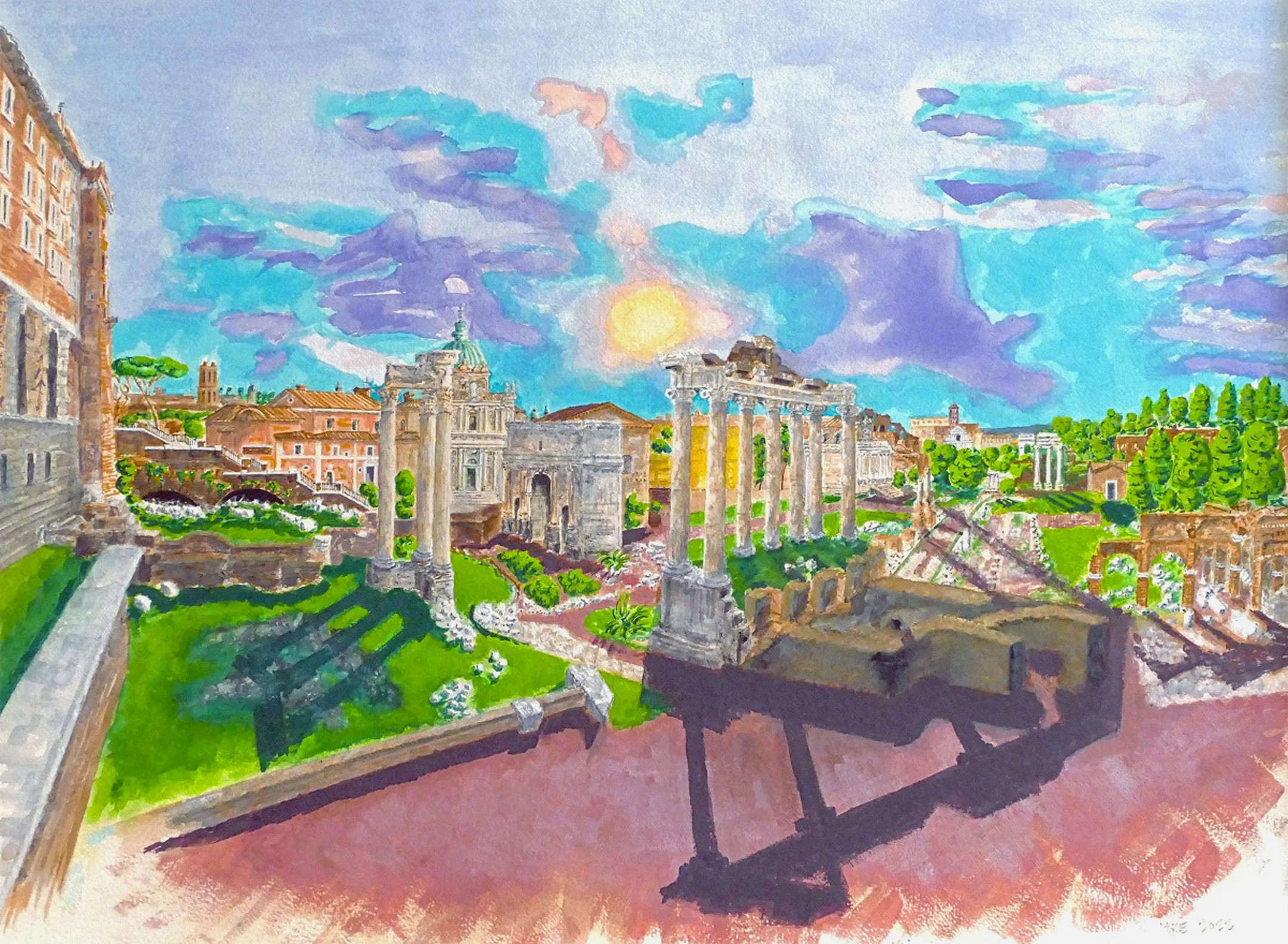 RUSZ, M.E. - View of the Forum Romanum, Rome, Italy - Watercolor - 22 x 30