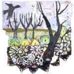 Called Home, canvas, paper, acrylic, oil stick, wallpaper, drawing media, crochet wool,  collage, 48x48 in.