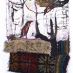 Chief Fruit, vintage weaving, acrylic, oil stick, thread, knitting, collage, 30x26 in.