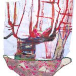 Portends and Prodigies, acrlyic, oil stick, drawing media, vintage quilt, lace, crochet,  collage, 36x28 in.