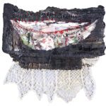 The Well, vintage crochet lace, acrylic, oil stick, drawing media, stitching, cardboard, paper, collage, 17x18 in